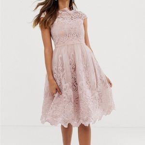 ASOS Chi Chi London Bardot Lace Midi Dress Rose